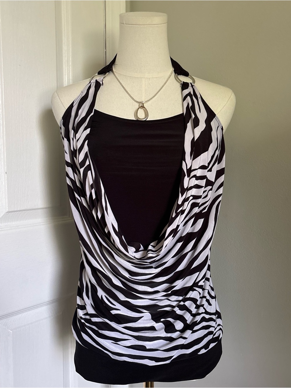 Black & White Zebra Halter Cowl Neck Tank Size S/M